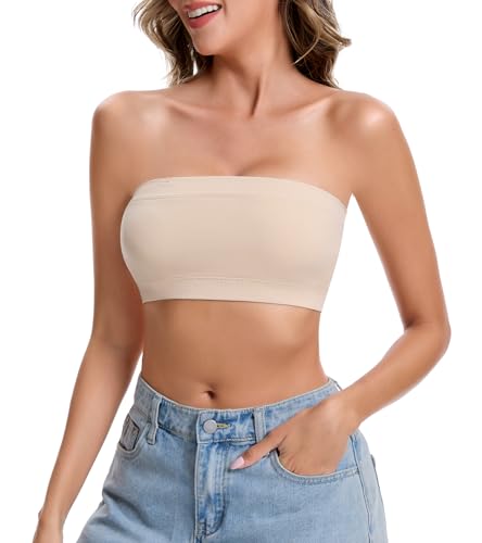 Lynclare Strapless Bras for Women Tube Tops for Women Bandeau Bra Crop Top Smooth Non-Padded Beige L