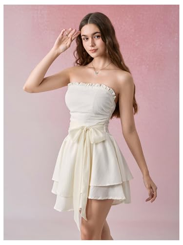 Image of Floerns Women's Layered Ruffle Strapless Tube Dress Tie Waist Cute A Line Dresses