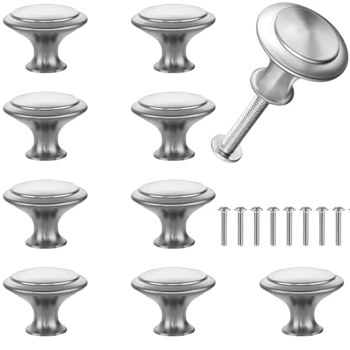 JYSNOW 10 Pièces Poignee Meuble, 27 mm Boutons de Porte Rond, Poignée en Acier Inoxydable, Poignées de Placard avec Vis, Poignet de Porte Cuisine, pour Placard Penderie Tiroir Armoire, Argent