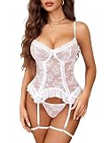 Avidlove Bridal Lingerie for Women Lace Babydoll Bodysuit Mesh Corset and Panty Outfits with Garter (White, Large)