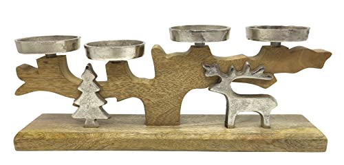 DARO DEKO Kerzenhalter aus Holz und Metall 16 x 41cm braun Silber mit Tanne...