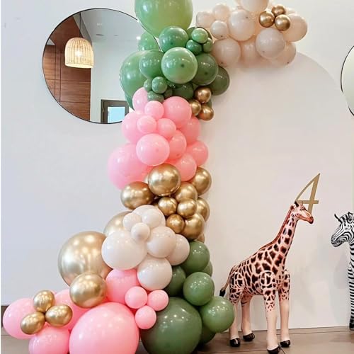 Image of 412Pcs Pink and Green Balloon Garland Arch Kit -Different Sizes 18 12 10 5inch Sage Green and Pink White Sand Gold Different Size Balloons for Girl Birthday Jungle Safari Woodland Party Decorations