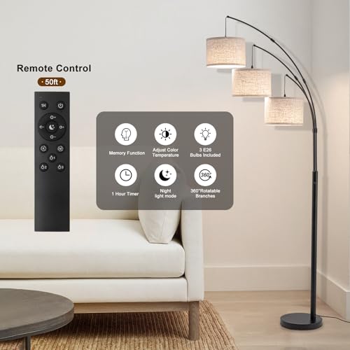 3 Light Arc Floor Lamp with Remote, Beige Shade Black Pole - Image 3