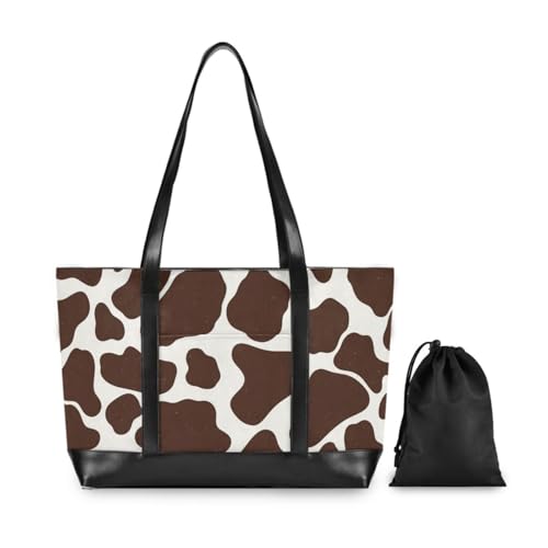 Brown Cow Print Portable womens laptop tote with zipper work purses for women work with2