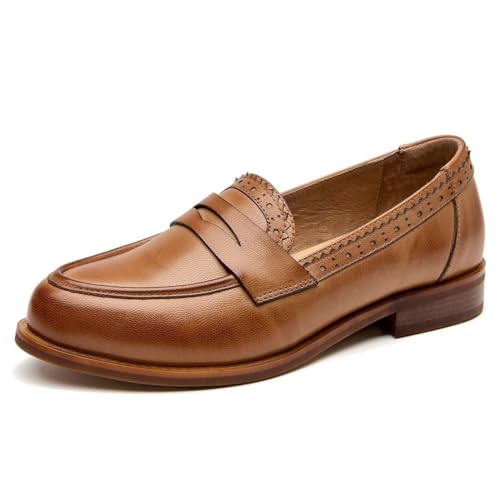 Image of BEAU TODAY Womens Leather Penny Loafers, Slip On Loafer Flats