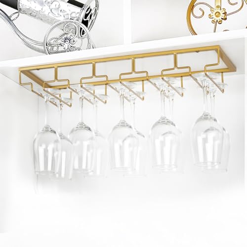FOMANSH Wine Glass Rack - Under Cabinet Stemware Wine Glass Holder Glasses Storage Hanger 2 Pack Metal Organizer for Bar Kitchen 5 Rows Gold