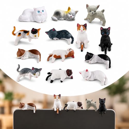 13Pcs Miniature Cat Figurines Resin Cat Figures Set Tiny Kitty Decorations for Desk Decor Fairy Garden Accessories Terrarium Micro Landscape Cake Toppers Dashboard Decor Cat Lover Gifts