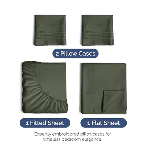 Image of Cal King Size 4 Piece Sheet Set - Soft & Cooling Sheets - Dark Olive Grey | Fits 8 Inch to 16 inch Mattress, Wrinkle Free & Fade Resistant with Deep Pockets, Breathable, Comfy Hotel Luxury Bedding