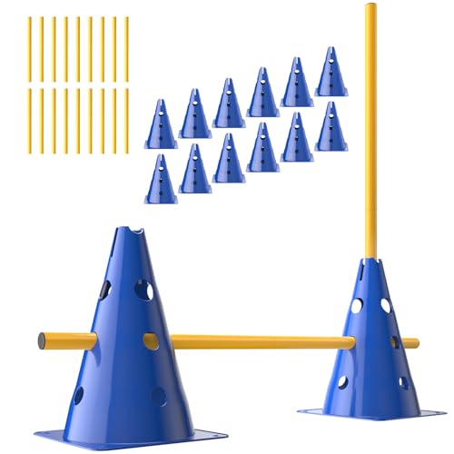 GHB Set Agilità per Cani e Bambini, 12 Coni + 18 Palo per Ostacoli Allenamento, Attrezzatura per Coordinazione e Calcio, Include Borsa da Trasport