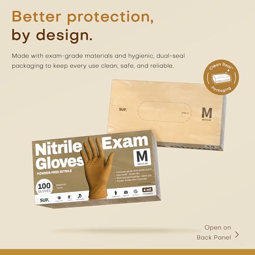SUP Powder-Free Nitrile Gloves, 100 Count Food Safe Latex-Free Disposable Gloves for Medical Cooking Cleaning Food Prep, Tan (Medium)
