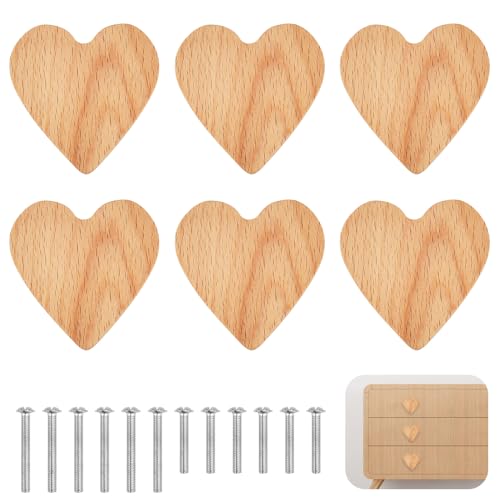 VCRANONR 6 Stück Möbelgriffe, Herzförmig Holzgriffe für Schränke, Schubladengriffe, Möbelgriff aus Holz, Schubladenknöpfe, Schrankknöpfe, Holzknäufe, Schrankknauf, Möbelknöpfe für Schubladen Möbel