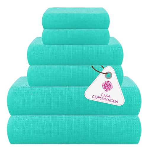 Image of Casa Copenhagen, Egyptian Cotton - Waffle Terry Towel 6 Piece Set, Includes 2 Bath Towels 2 Hand Towels 2 Washcloths - Aqua Blue