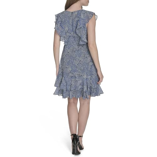 Image of Tommy Hilfiger Women's Sleeveless V-Neck Ruffle Trim Tie Waist Chiffon Mini Dress