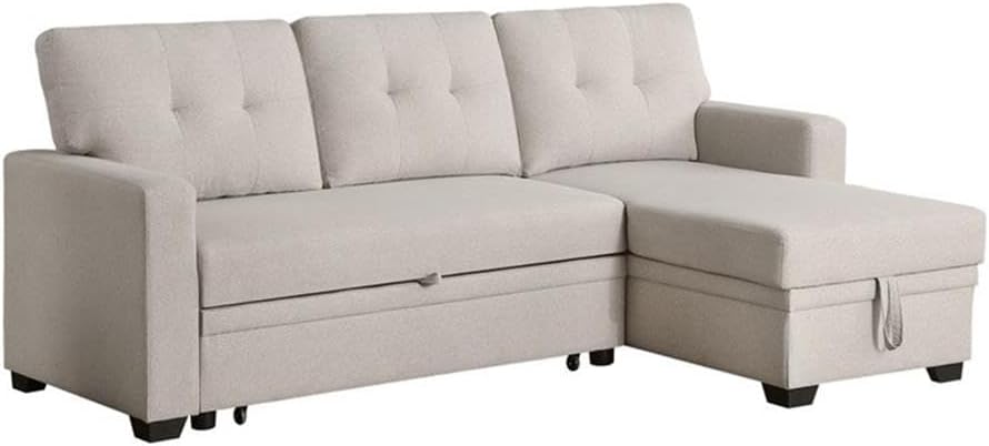 Devion Furniture L-Shaped Polyester Fabric Reversible, Easy Convertible Pull-Out Sleeper Sectional Sofa/Storage Chaise with Tufted Back Cushions and Track Arms in Beige