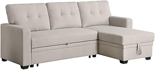 Devion Furniture L-Shaped Polyester Fabric Reversible, Easy Convertible Pull-Out Sleeper Sectional Sofa/Storage Chaise with Tufted Back Cushions and Track Arms in Beige