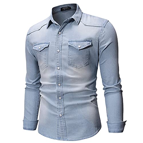 Denim Shirt for Men Classic Slim Fit Long Sleeve Button Up Snap Work Shirts Casual Western Cowboy Jean Jackets - Image 3