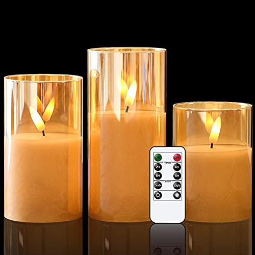 Image of GenSwin Glass Flameless Candles Battery Operated with Remote Timer, LED FLameless Flickering 3D Wick Pillar Candles Real Wax for Festival Wedding Christmas Home Party Decor(Gold, Pack of 3)