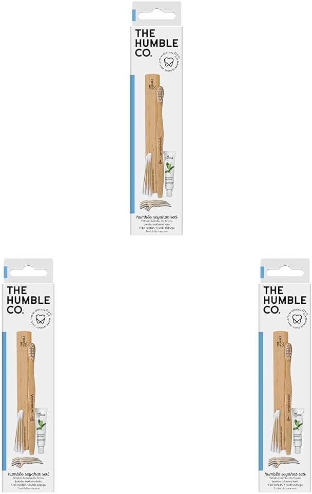The Humble Co. - Humble Brush Ağız Bakım Seyahat Seti (diş fırçası + diş macunu + kulak çubuğu + kürdanlı diş ipi + bambu kap) (3 paketi)