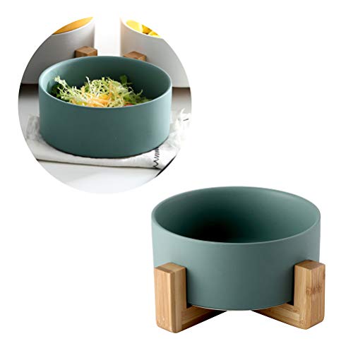 Tigela de salada para almoço, tigela criativa de cerâmica com suporte de madeira de bambu, utensílio