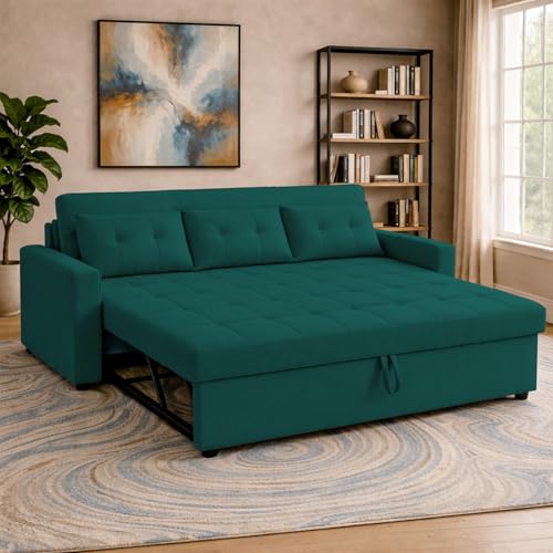 Image of Emilio 3 Seater with Ottomon Pull-Out Sofa Cum Bed (Pine Color) Premium Fabric Sofa Set for Living Room | Bedroom