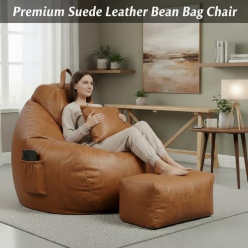 Image of KAM'S LIEU 5XL Premium Imported Suede Bean Bag Chair with Footrest & Cushion | Filled with High Density Polystyrene Beans | Premium Soft Fabric | Ready to Use Color- (TAN, 5XL)