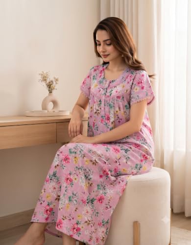 Image of Chikankari Nighty| Nighty for Women Stylish| Night Gown for Women Stylish| All-Over Chikankari Design| Premium Blend Cotton Fabric| Elegant Lace Yoke| Lightweight & Breathable Fabric|