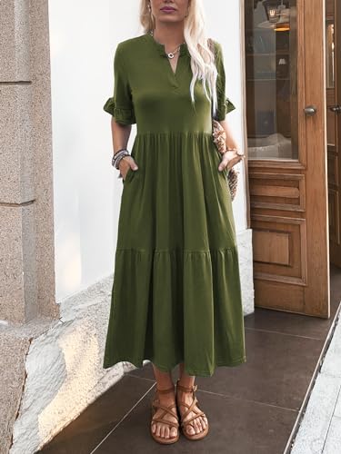 Image of Mieazom Short Sleeves Maxi Dress for Women A Line Summer Dress V Neck Casual Loose Tiered Long Dresses with Pockets