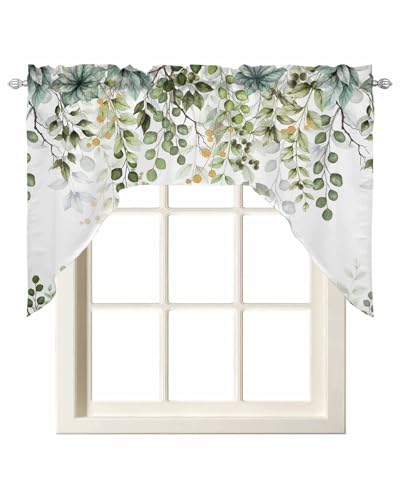 Swag Curtain Valances Sage Green Eucalyptus Leaves Swag Valances for Kitchen Windows Berry Plant Rod Pocket Window Treatment Curtains Drapes for Kitchen Bedroom Living Room Bathroom Over Sink 56"x36"
