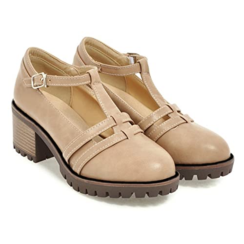 MIOKE Women's T-Strap Mary Jane Pumps Round Toe Chunky Mid Heel Platform Vintage Brogue Dress Oxford Shoes2