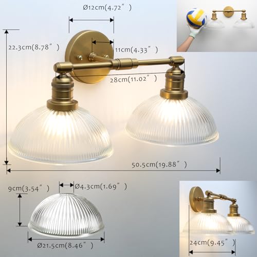 Image of Yosoan 2-Light Brass Indoor Wall Sconce with Striped Shade, Modern Vanity Light Vintage Industrial Wall Mounted Lamp Hardwired Bowl Glass Shade for Living Room Kitchen Bedroom Home Decor(Antique)