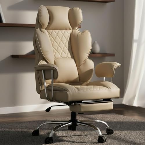 Image of DROGO Premium Leatherette Ergonomic Office Chair for Work from Home, Desk Computer Chair with Spacious Cushion Seat, Soft Armrest, Head & Lumbar Support (Cream)