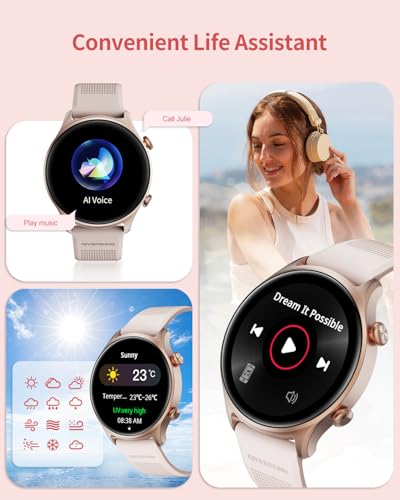 Image of RIVERSONG Round Smart Watch for Women, 1.52 inch Activity Tracker with Answer /Make Call /AI Voice for Android iPhone, 100+ Sport Modes, Heart Rate /Sleep / SpO2 Monitor, Female Cycle, Rose Gold