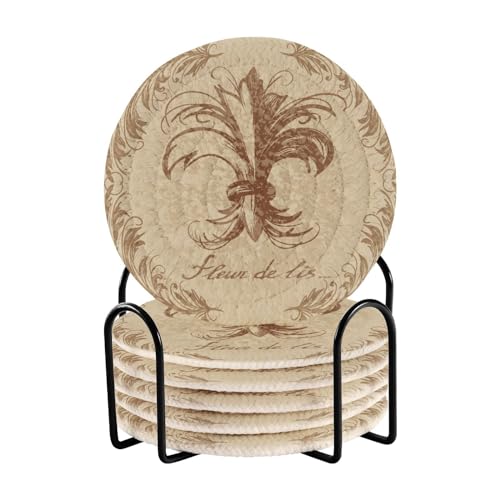 Aflyko Mardi Gras Bar Coasters for Drink Fleur De Lis Floral Vintage Coaster Set with Metal Holder Cotton Woven Coaster for Coffee Table, Bistro, Home, Kitchen Island, Fat Tuesday Holiday Housewarming