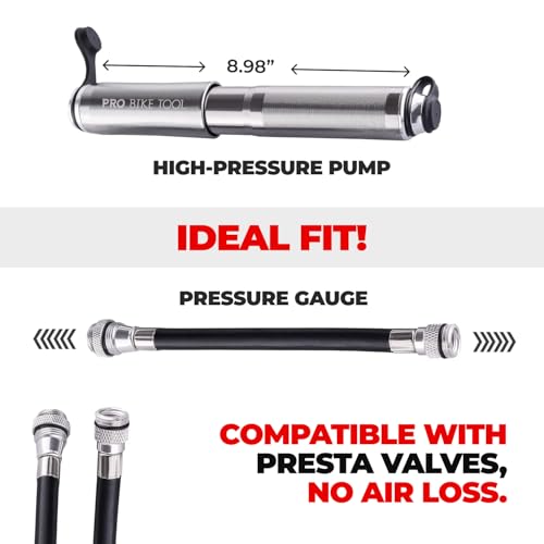 Pro Bike Tool Mini Bike Pump with Gauge - Presta and Schrader Valve Compatible Bicycle Tire Pump for Road, Mountain, and BMX Bikes - High-Pressure 100 Psi Bike Hand Pump with Frame Mount