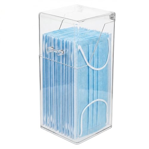 Healeved Clear Face Mask Dispenser with Lid, Acrylic Countertop Storage Box Holder for Facial Masks, Gloves and Hairnets, Dust-Proof Vertical Organizer for Home Office Clinic (8.25 x 3.46 Inch)
