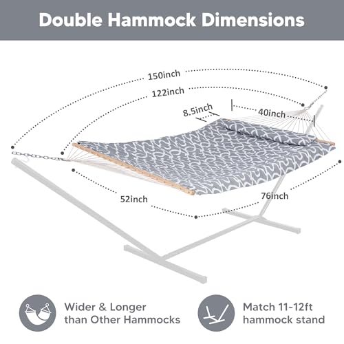 Image of SUNCREAT Hammocks Heavy Duty Hammock with Hardwood Spreader Bar, Double Rope Hammock with Polyester Pad, Grey