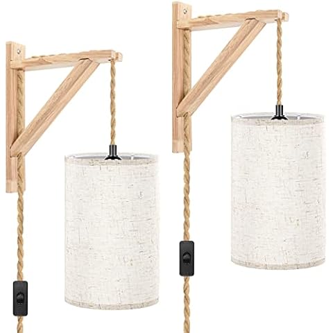 LABOREDUCER Hemp Rope LED Hanging Lights for Living Room, Farmhouse Plug in Wall Lighting Fixtures with Linen Shade, for Bedroom, Stairway(Bulbs NOT Included) Cover