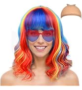 LIULIUBTY Chic Short Bob Wavy Wig for Women - Shoulder Length Loose Curly Synthetic Wig with Bang...