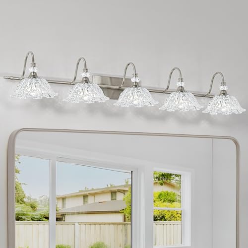Image of Brushed Nickel 5-Light Bathroom Vanity Light with Floral Clear Glass Shades, Brushed Nickel Wall Mount Lighting for Bathroom, Dressing Table