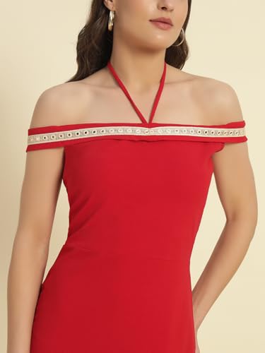 Image of ADDYVERO Women Off Shoulder Ruffle Hem Sleeveless with Lace Detailing Bodycon Party Dress (Red, XL)