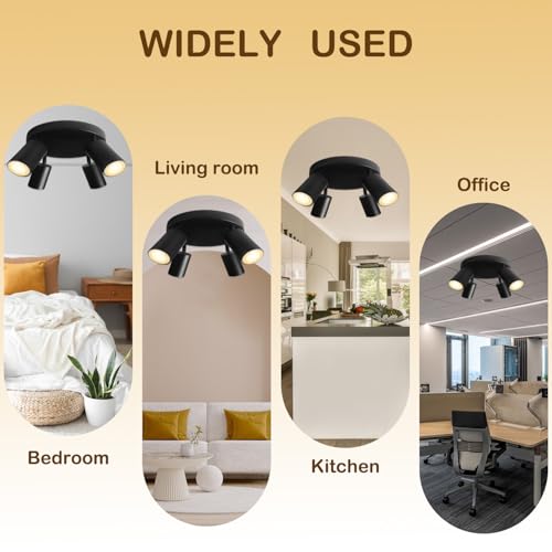 Image of Wiseworld 4 Light Track Lighting Fixtures for Ceiling LED Black Spot Lights Indoor Round Chassis GU10 Base Lamp Rotatable Modern Ceiling Spotlight for Bedroom Kitchen Hallway (Bulb Not Included)