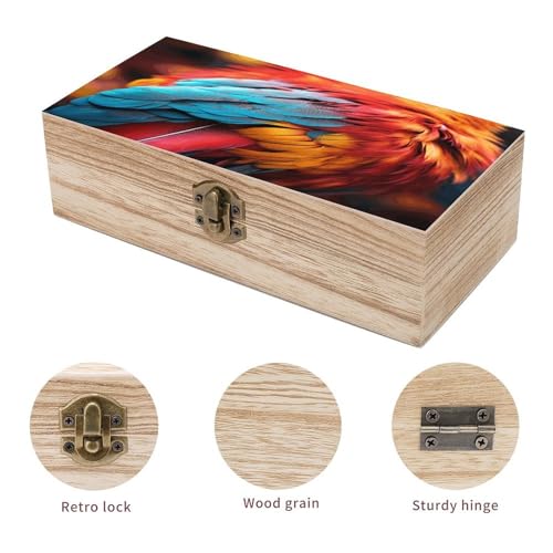 Coffre de rangement en bois rétro décoratif avec couvercle à plumes
