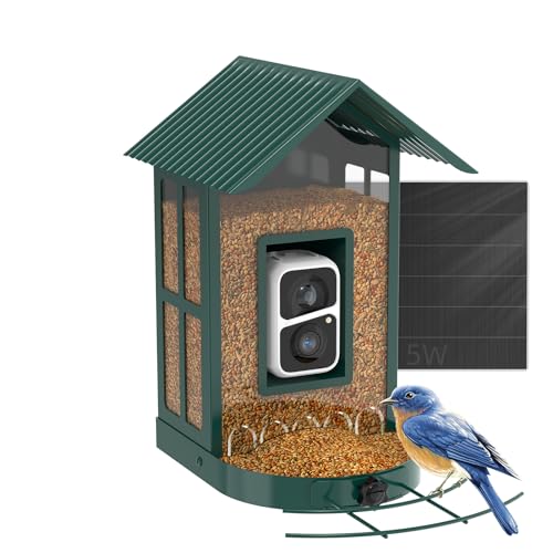 Soliom- Bird Feeder with Camera, 5W Solar Powered, AI Identify Species, Smart Wild Bird Watching, 2K Live View, Instant Arrival Alerts,Large 2.7L Seed Capacity, Metal Squirrel Chew-Proof – BF08 Green