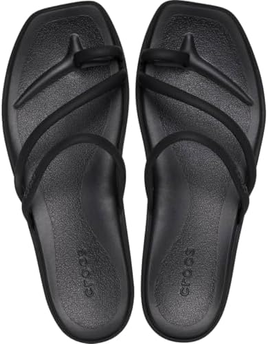 Crocs Women's Miami Toe Loop Sandals | Square Toe Flat | Flexible Straps | Croslite Foam Footbed, Black, 8 - 2