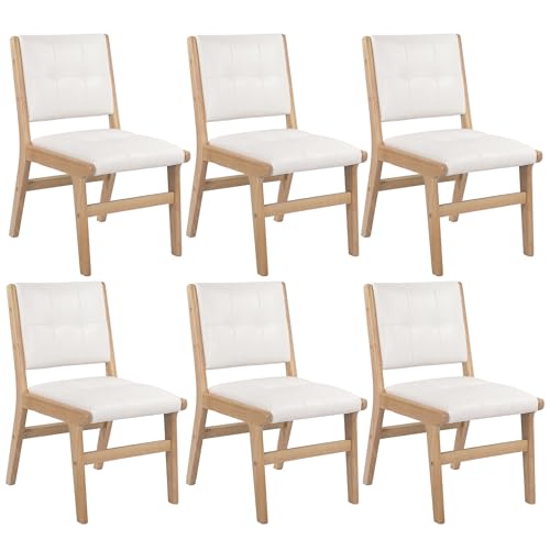 Image of KCC Modern PU Leather Dining Chairs Set of 6, Upholstered Kitchen Chairs with Solid Wood Legs and Comfortable Seat for Dining Room Lounge Bedroom(White)