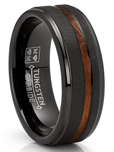 Metal Masters Co. Mens Whiskey Barrel Oakwood Horizontal Brushed Tungsten Carbide Ring Wedding Band Black Inlay 8MM