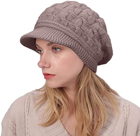 CheChury Women Knit Beanie Hats Visor Winter Fleece Lined Beret Hat Knitted Peaked Beanie Thermal Baker Boy Cap Newsboy Cap Hat Warm Wool Ski Hat for Winter