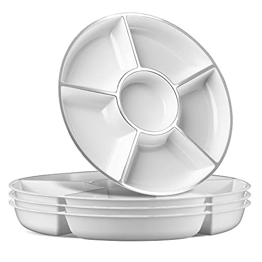 PLASTICPRO 6 Sectional Round Plastic Serving Tray/Platters White & Silver Pack of 2