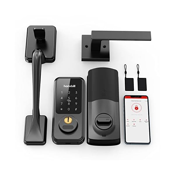 Keyless Entry Door Lock with Handle, Hornbill Smart Front Door Lock Set, Electronic Keypad Deadbolt Lock, Alexa Front Door Handle Set, Digital Lock via Bluetooth APP/Keyfob/Auto Lock-Matte Black