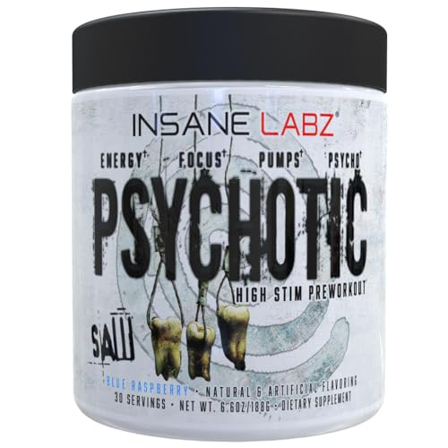 Image of Insane Labz Psychotic Saw, High Stim Pre Workout Powder with OxyGold­ and AMPiberry,Extreme Lasting Energy with Teacrine,Focus with CognitIQ and Endurance (30 Servings, Blue Raspberry)